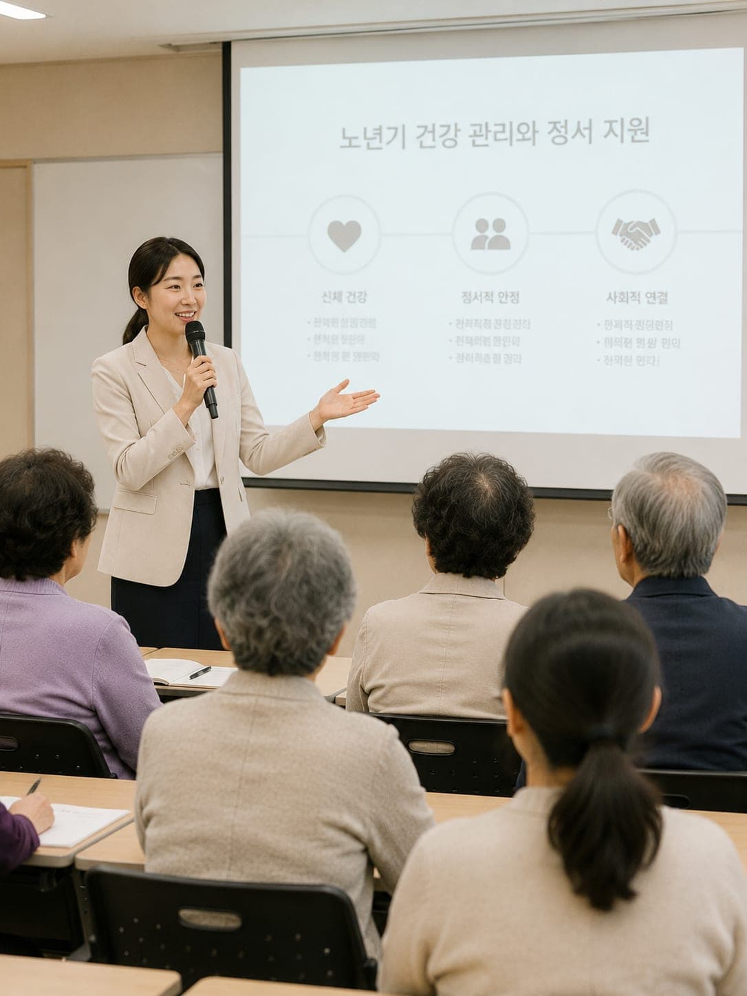 어르신들을 대상으로 노년기 건강·정서지원 교육을 진행하는 강의 현장 (연출 이미지)