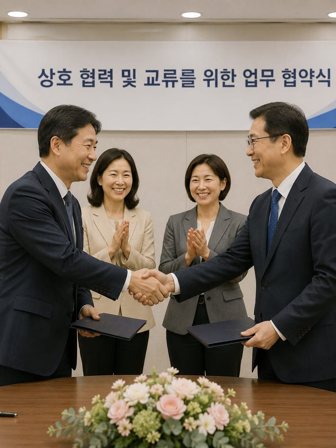 기관 간 상호 협력을 위한 업무 협약식에서 악수를 나누는 모습 (연출 이미지)